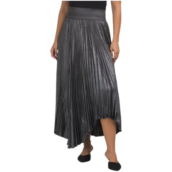 ELIE TAHARI Smocked Waistband Pleated Metallic Midi Skirt With Uneven Hem - Picture 1 of 2